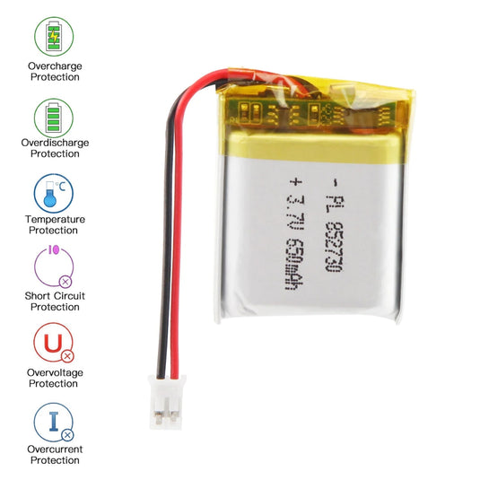 [PH2.0-JST Connector][852730] Universal 650mAh 3.7V Rechargeable Li-Ion Lithium Polymer Battery - Polar Tech Australia