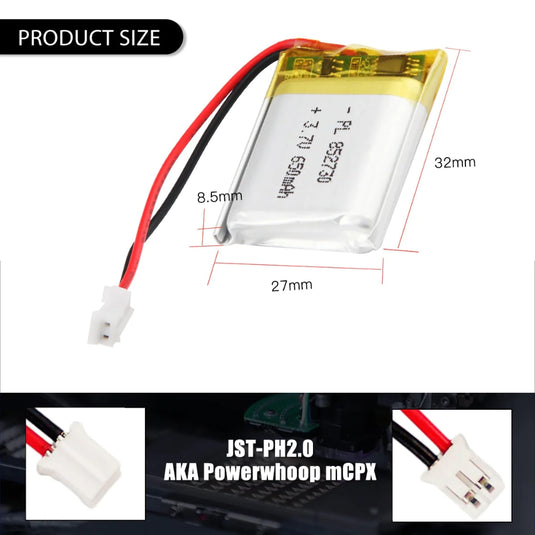 [PH2.0-JST Connector][852730] Universal 650mAh 3.7V Rechargeable Li-Ion Lithium Polymer Battery - Polar Tech Australia