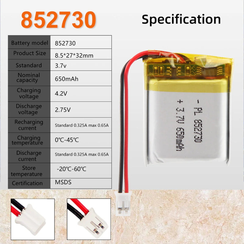 Load image into Gallery viewer, [PH2.0-JST Connector][852730] Universal 650mAh 3.7V Rechargeable Li-Ion Lithium Polymer Battery - Polar Tech Australia
