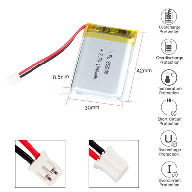 [PH2.0-JST Connector][853040] Universal 1000mAh 3.7V Rechargeable Li-Ion Lithium Polymer Battery - Polar Tech Australia