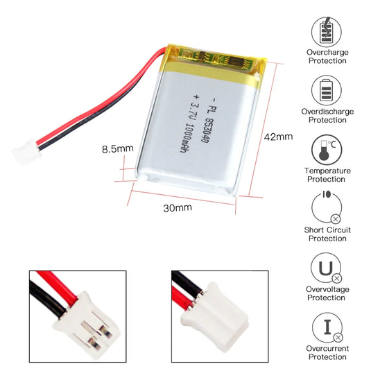 [PH2.0-JST Connector][853040] Universal 1000mAh 3.7V Rechargeable Li-Ion Lithium Polymer Battery - Polar Tech Australia