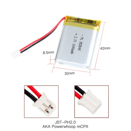 [PH2.0-JST Connector][853040] Universal 1000mAh 3.7V Rechargeable Li-Ion Lithium Polymer Battery - Polar Tech Australia