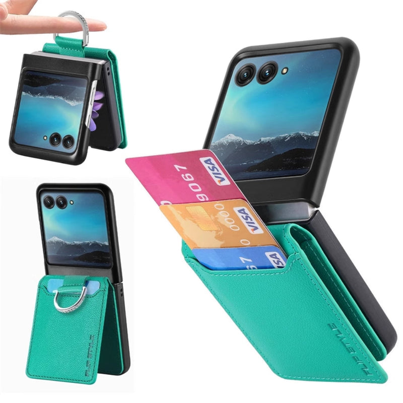 Cargue la imagen en el visor de la galería, [With Card Slot] Motorola Razr 50/Ultra - Litchi Texture Leather Ring Wallet Phone Case - Polar Tech Australia
