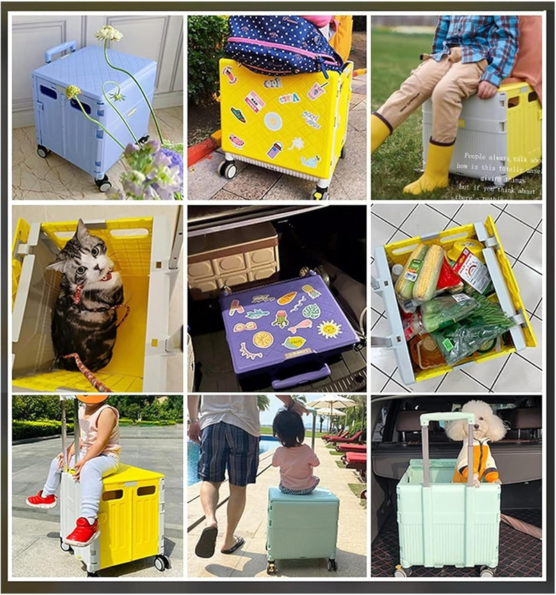 Cargue la imagen en el visor de la galería, Foldable Utility Cart with Lid Storage Box and Universal Wheels for Grocery, Travel, and Outdoor Use
