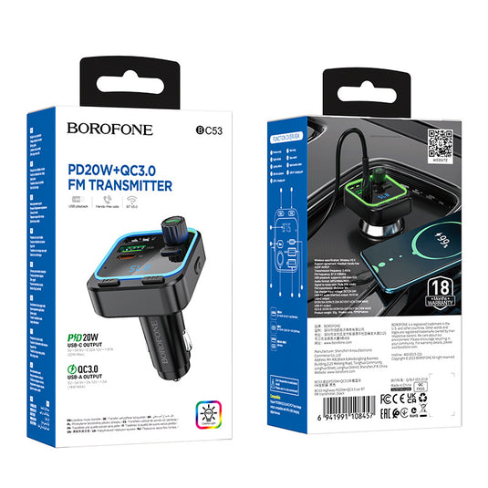 [BC53] HOCO Dual USB + PD USB-C Port 20W Car Charging Adapter With FM Transmitter - Polar Tech Australia