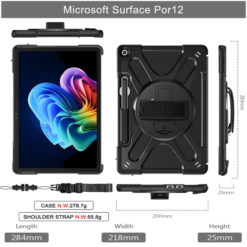 Load image into Gallery viewer, Microsoft Surface Pro 12 (2025) - Heavy Duty 360 Degree Rotate Stand Hand Strap Case With Shoulder Strap
