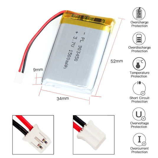 [PH2.0-JST Connector][903450] Universal 1500mAh 3.7V Rechargeable Li-Ion Lithium Polymer Battery - Polar Tech Australia