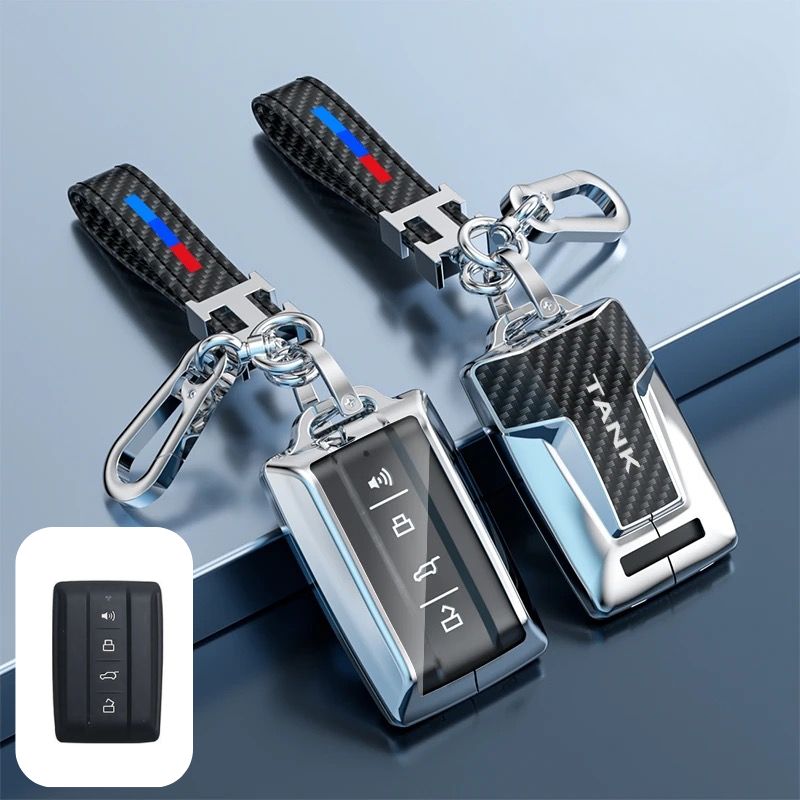 Chargez l&#39;image dans la visionneuse de la galerie, Great Wall Zinc Alloy + Carbon Fiber Texture Car Key Fob Case Cover For Tank 300, 400, 500

