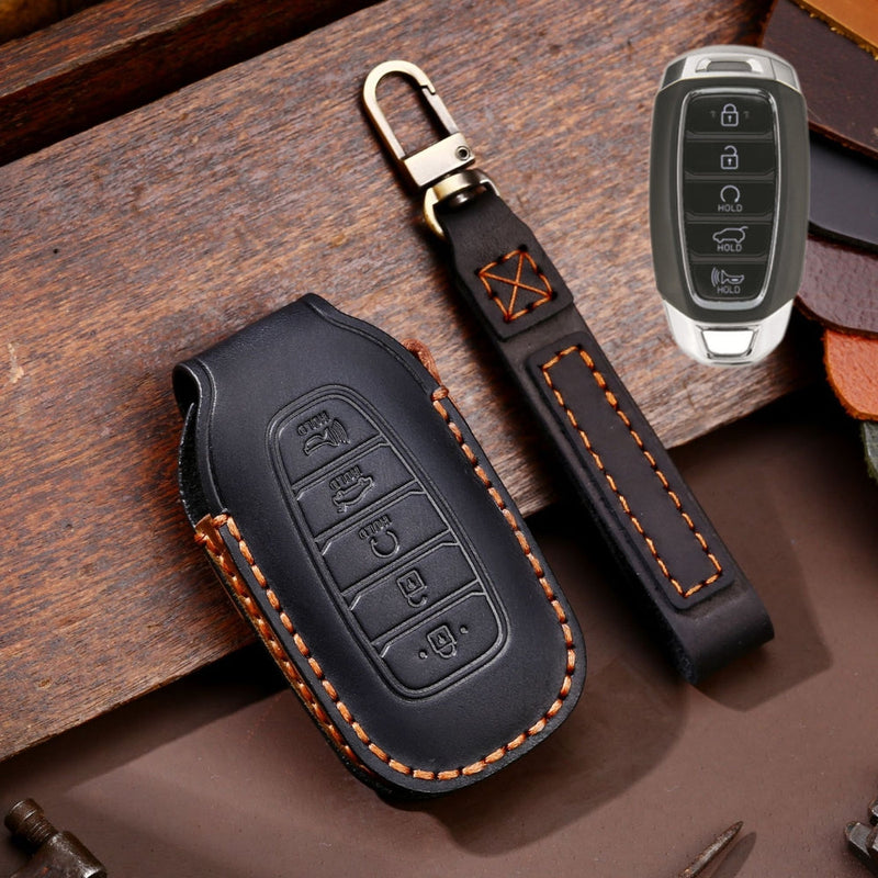 Chargez l&#39;image dans la visionneuse de la galerie, Hyundai Handcrafted Genuine Leather Car Key Fob Protective Case Cover For Santa Fe, Tucson, Palisade, Kona, Santa Fe, Azera
