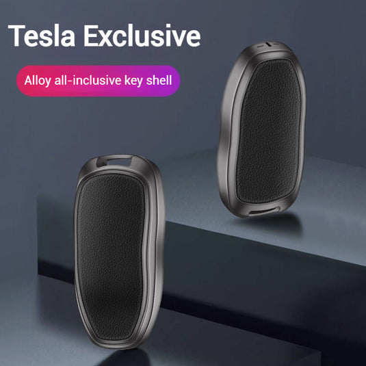 Tesla Metallic Finish + Lychee Pattern Car Key Fob Case for Model 3, Y, X, S