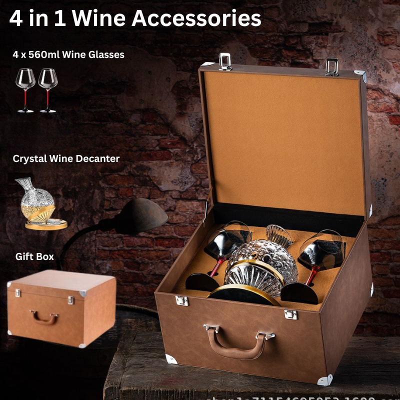 Chargez l&#39;image dans la visionneuse de la galerie, [4 in 1] Wine Accessories Gift Box Luxury 360° Rotating Crystal Hand Blown Wine Decanter with wine glasses
