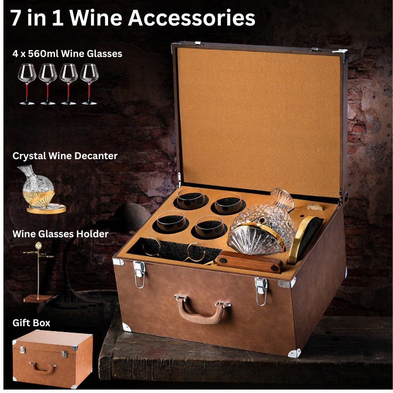 Chargez l&#39;image dans la visionneuse de la galerie, [7 in 1] Wine Accessories Gift Box Luxury 360° Rotating Crystal Hand Blown Wine Decanter with wine glasses and rack
