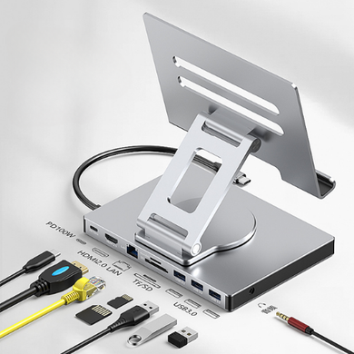 [10-in-1][360 Rotation] iPad Tablet POS Stand Dock Station With Type C USB 3.0 HDMI DP Ethernet PD –  iPad Tablet Port Expansion with Multiple Interfaces (COMBO Card Reader + HUB)