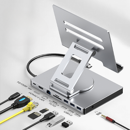 [10-in-1][360 Rotation] iPad Tablet POS Stand Dock Station With Type C USB 3.0 HDMI DP Ethernet PD –  iPad Tablet Port Expansion with Multiple Interfaces (COMBO Card Reader + HUB)