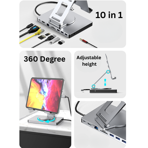 Load image into Gallery viewer, [10-in-1][360 Rotation] iPad Tablet POS Stand Dock Station With Type C USB 3.0 HDMI DP Ethernet PD –  iPad Tablet Port Expansion with Multiple Interfaces (COMBO Card Reader + HUB) - Polar Tech Australia
