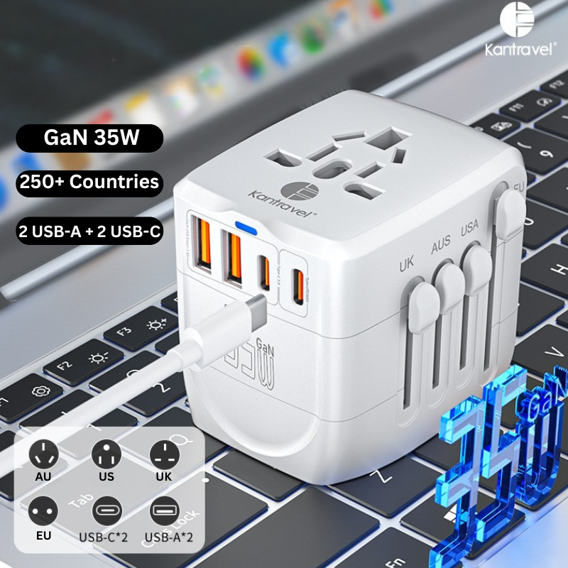 Cargue la imagen en el visor de la galería, Universal 4 Ports PD 35W Conversion charger with dual USB-A ports, Dual USB-C ports, AC socket and Converter Wall Charger International Travelling Adapter

