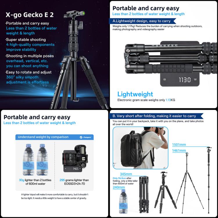 Load image into Gallery viewer, Fotopro X-go Gecko E 2 5-Section Aluminum 2 in 1 Tripod Monopod - Polar Tech Australia

