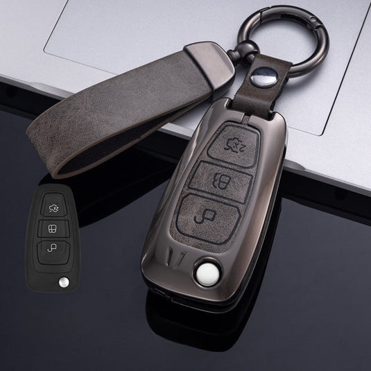Ford Zinc Alloy Leather Folding Car Key Fob Case Cover For Ranger, Mustang, Everest, Escape, Puma, Transit, Focus, Fiesta, Ranger Raptor, Mondeo