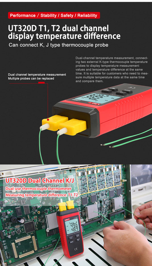 [UT320D] UNI-T Digital Thermometer Mini Dual Contact Thermocouple Type K J High Temperature Meter Tester -50℃ to 1300℃ - Polar Tech Australia
