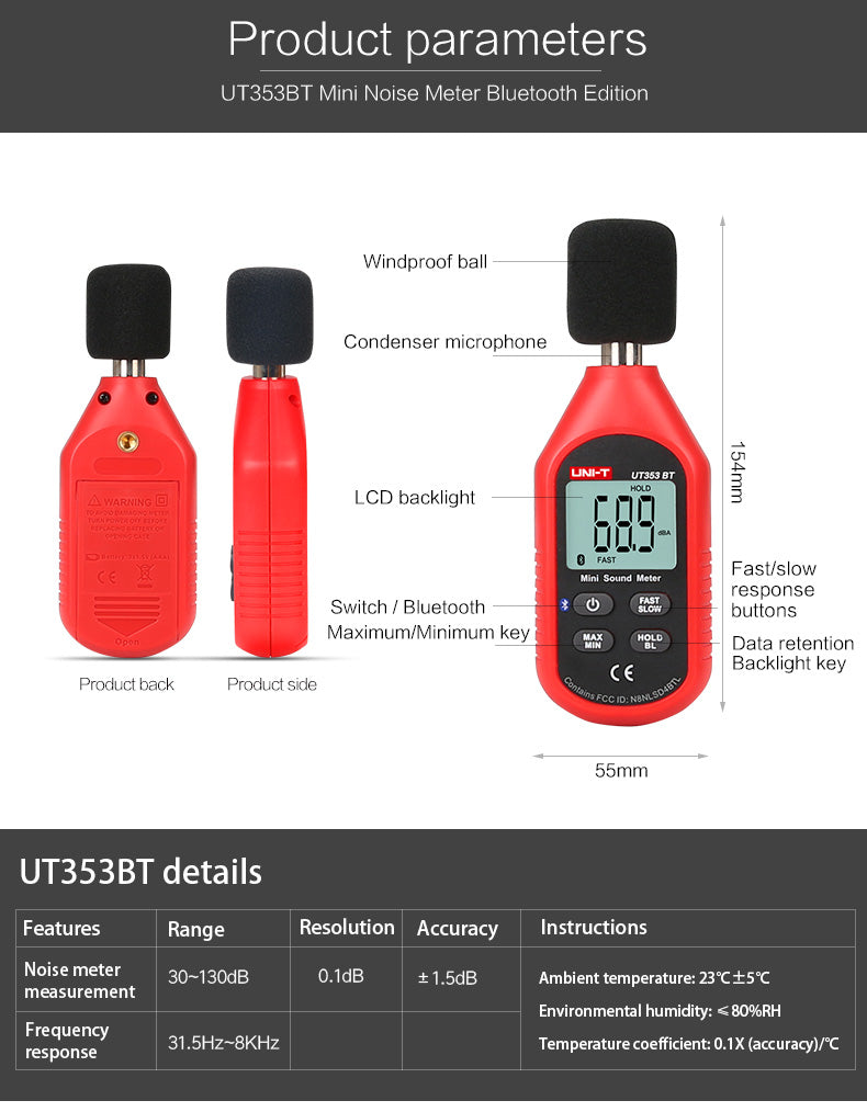 Chargez l&#39;image dans la visionneuse de la galerie, [UT353BT] UNI-T Noise Measuring Instrument db Meter 30~130dB Mini Audio Sound Level Meter Decibel Monitor - Polar Tech Australia
