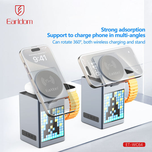 [WC14][Built-In LCD] 5 in 1 Earldom Aluminum Stand Alarm Clock QI 15W MagSafe Wireless Charging Magnet Stand - Polar Tech Australia
