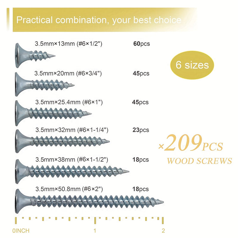 Load image into Gallery viewer, [209 Pieces] Stainless Steel Self-Tapping M3.5 #6 Wood Screw Self-Drilling Assortment Kit

