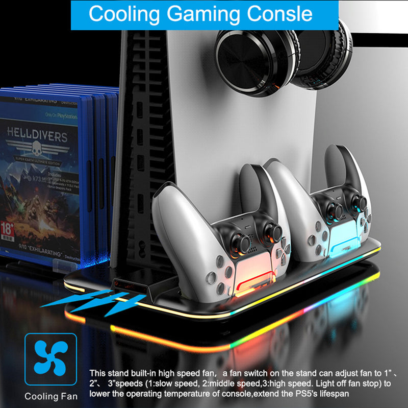 Chargez l&#39;image dans la visionneuse de la galerie, SONY PlayStation 5 / PS5 All-in-one Multifunction Charging Stand with Cooling Fan &amp; RBG Light Effect &amp; Disc Storage - Polar Tech Australia

