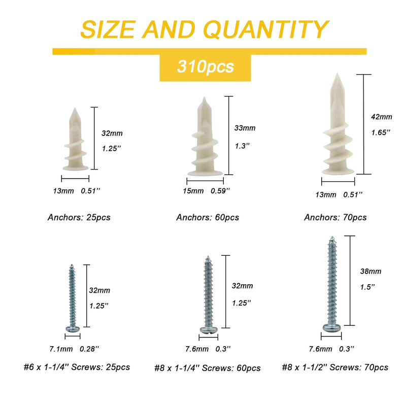 Load image into Gallery viewer, [310 Pieces Kit] Drywall Anchors Self Drilling Nylon Plastic Hollow Wall Anchors with Screws Kit Assortments
