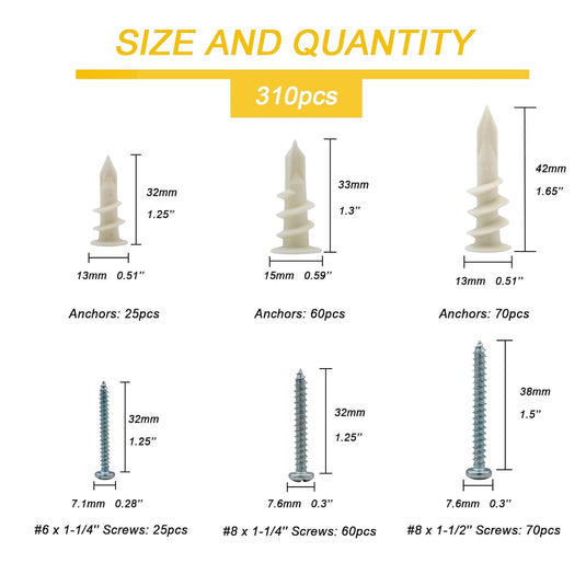 [310 Pieces Kit] Drywall Anchors Self Drilling Nylon Plastic Hollow Wall Anchors with Screws Kit Assortments