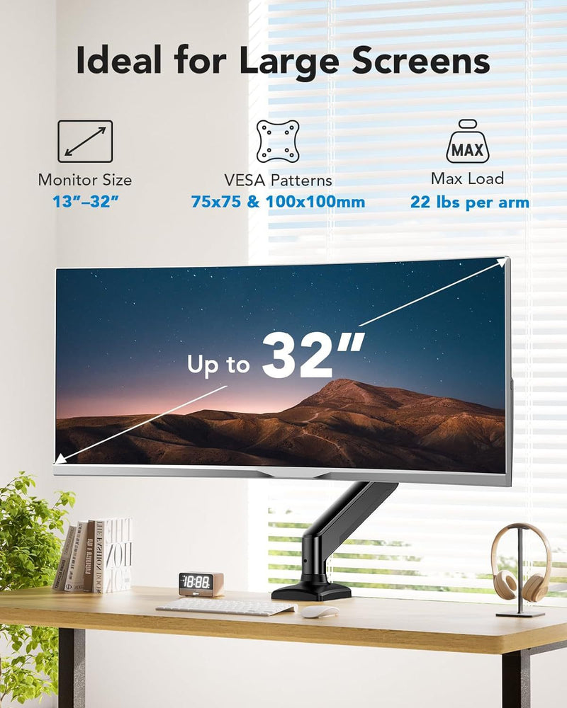 Cargue la imagen en el visor de la galería, Single Monitor Desk Mount, Adjustable Gas Spring Monitor Arm Support Max 32 Inch, Max Load 22 Ibs Screen, Computer Monitor Stand Holder with Clamp/Grommet Mounting Base
