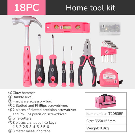 Hi-Spec 18 in 1 General Purpose Pink Tool Home Repair Car Maintenance Tool Kits Mechanic Girl Women Tool Set