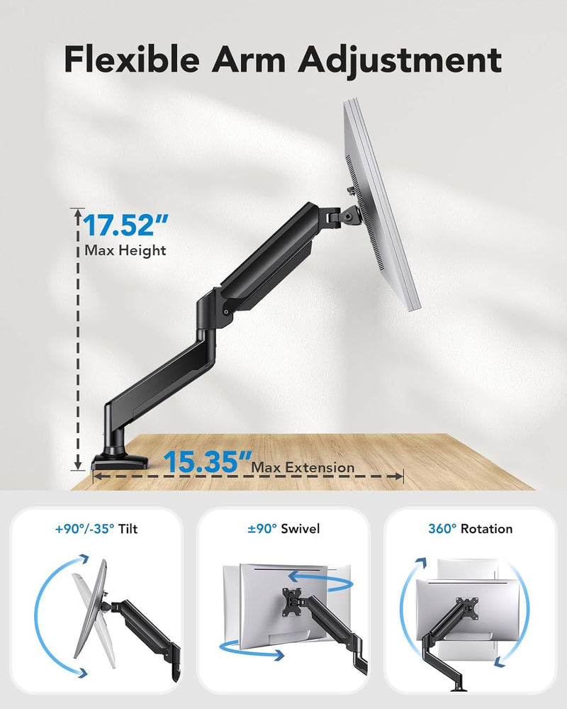 Cargue la imagen en el visor de la galería, Single Monitor Desk Mount, Adjustable Gas Spring Monitor Arm Support Max 32 Inch, Max Load 22 Ibs Screen, Computer Monitor Stand Holder with Clamp/Grommet Mounting Base
