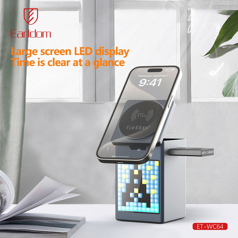 Cargue la imagen en el visor de la galería, [WC14][Built-In LCD] 5 in 1 Earldom Aluminum Stand Alarm Clock QI 15W MagSafe Wireless Charging Magnet Stand - Polar Tech Australia
