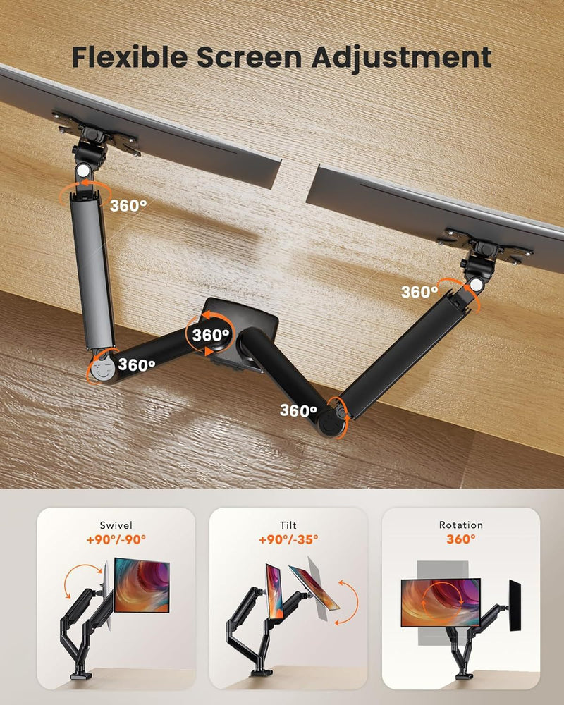 Cargue la imagen en el visor de la galería, Dual Monitor 360° rotate Stand for Desk, Adjustable Gas Spring Double Monitor Mount Holds Max Load 22 lbs and 13-32 Inch Screens, Monitor Arms for 2 Monitors with C-clamp&amp; Grommet
