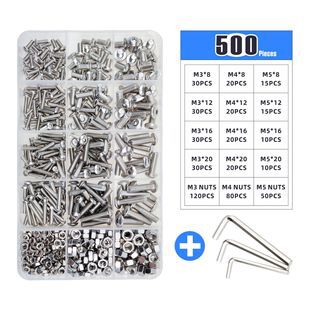 [500 Pieces] Stainless Steel M3 M4 M5 Hex Socket Screws, Bolts, Nuts & Washers Set with Storage Box