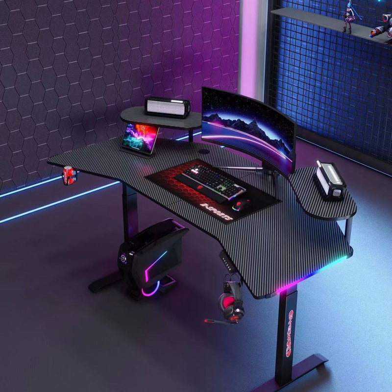 Chargez l&#39;image dans la visionneuse de la galerie, [Motorized Adjustable] Ultra Wide Large Gaming Desk with RBG LED Lights Carbon Fiber Surface with Cup Holder &amp; Headphone Hook
