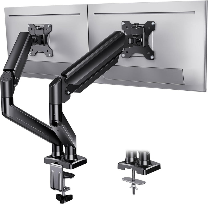 Cargue la imagen en el visor de la galería, Dual Monitor 360° rotate Stand for Desk, Adjustable Gas Spring Double Monitor Mount Holds Max Load 22 lbs and 13-32 Inch Screens, Monitor Arms for 2 Monitors with C-clamp&amp; Grommet
