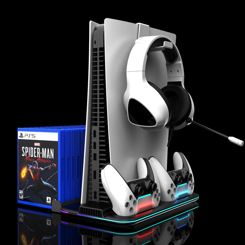 Chargez l&#39;image dans la visionneuse de la galerie, SONY PlayStation PS5 Slim &amp; PS5 Pro - All-in-one Multifunction Charging Stand with Cooling Fan &amp; RBG Light Effect &amp; Disc Storage - Polar Tech Australia
