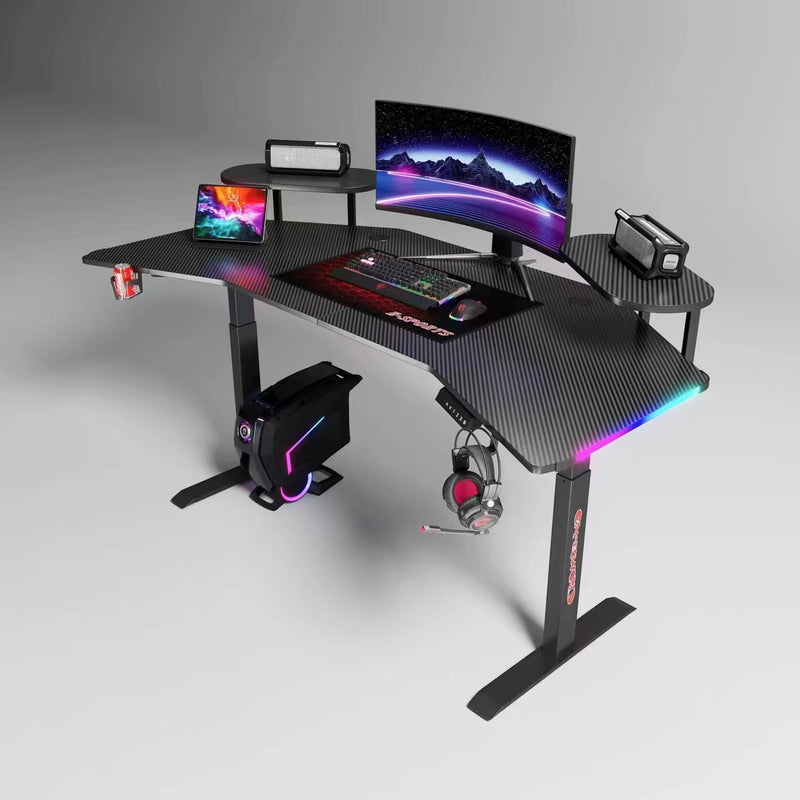 Chargez l&#39;image dans la visionneuse de la galerie, [Motorized Adjustable] Ultra Wide Large Gaming Desk with RBG LED Lights Carbon Fiber Surface with Cup Holder &amp; Headphone Hook

