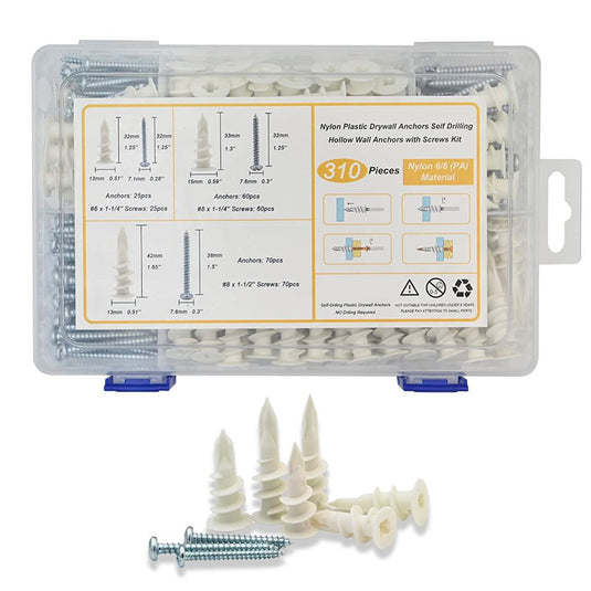 [310 Pieces Kit] Drywall Anchors Self Drilling Nylon Plastic Hollow Wall Anchors with Screws Kit Assortments