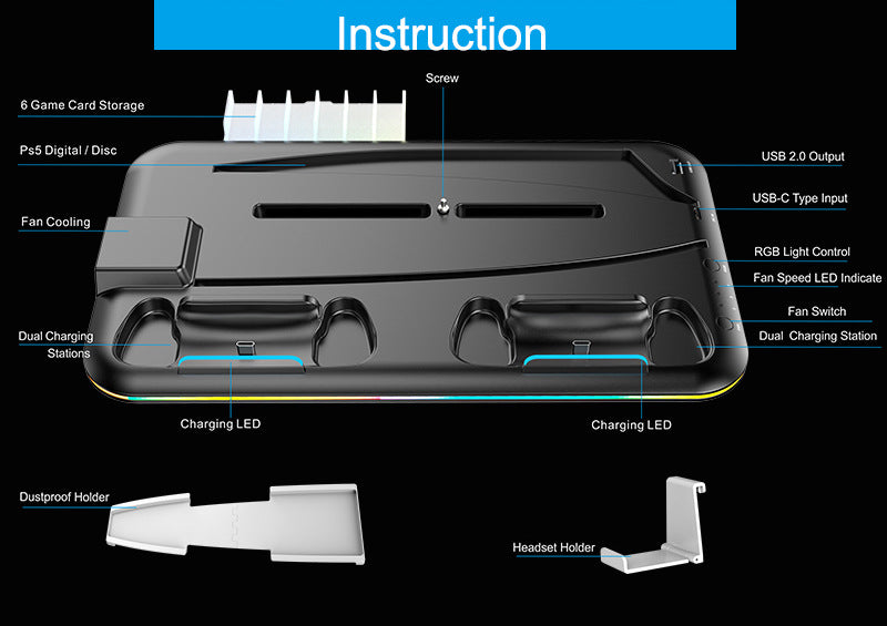 Chargez l&#39;image dans la visionneuse de la galerie, SONY PlayStation 5 / PS5 All-in-one Multifunction Charging Stand with Cooling Fan &amp; RBG Light Effect &amp; Disc Storage - Polar Tech Australia
