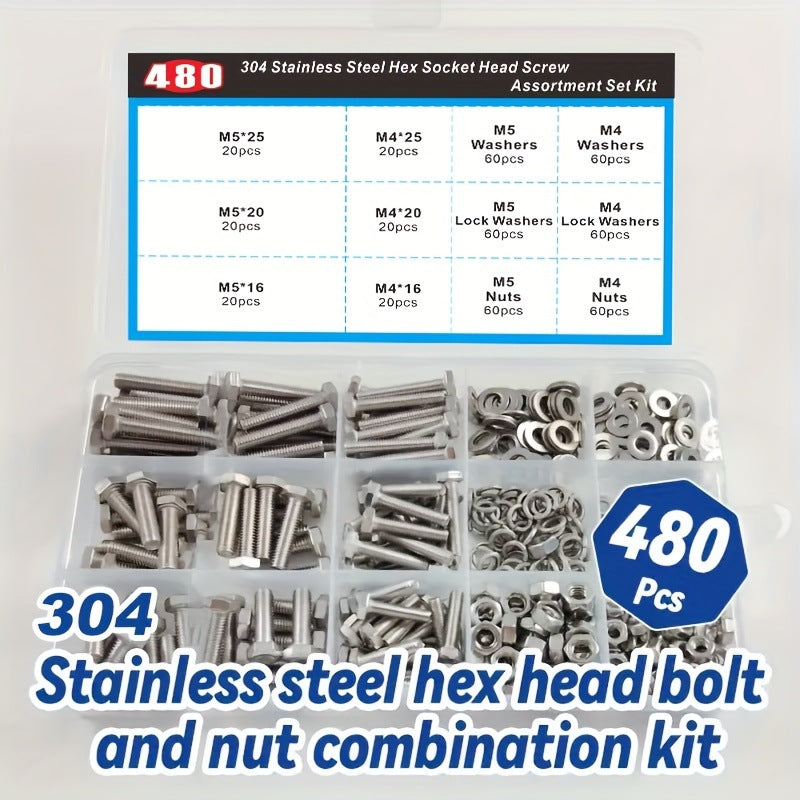 Load image into Gallery viewer, [480 Pieces] Stainless Steel M4 M5 Hex Socket Screws, Bolts, Nuts Washers &amp; Lock Washers Set with Storage Box
