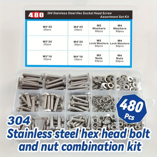 [480 Pieces] Stainless Steel M4 M5 Hex Socket Screws, Bolts, Nuts Washers & Lock Washers Set with Storage Box