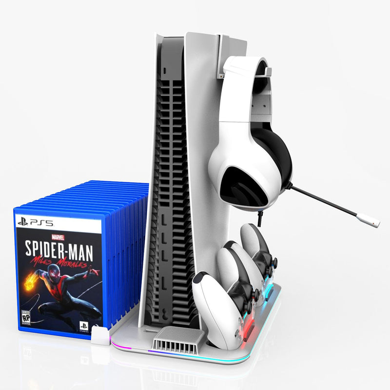 Cargue la imagen en el visor de la galería, SONY PlayStation PS5/PS5 Pro/PS5 Slim - All-in-one Multifunction Charging Stand with Cooling Fan &amp; RBG Light Effect &amp; Disc Storage
