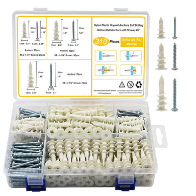 [310 Pieces Kit] Drywall Anchors Self Drilling Nylon Plastic Hollow Wall Anchors with Screws Kit Assortments