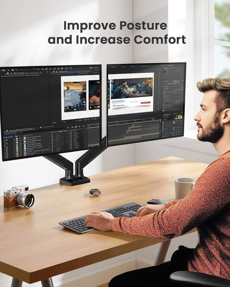 Cargue la imagen en el visor de la galería, Dual Monitor 360° rotate Stand for Desk, Adjustable Gas Spring Double Monitor Mount Holds Max Load 22 lbs and 13-32 Inch Screens, Monitor Arms for 2 Monitors with C-clamp&amp; Grommet
