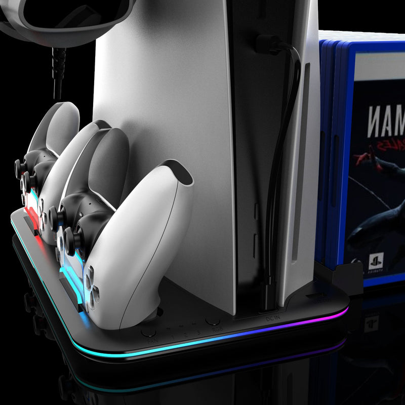 Chargez l&#39;image dans la visionneuse de la galerie, SONY PlayStation PS5 Slim &amp; PS5 Pro - All-in-one Multifunction Charging Stand with Cooling Fan &amp; RBG Light Effect &amp; Disc Storage - Polar Tech Australia

