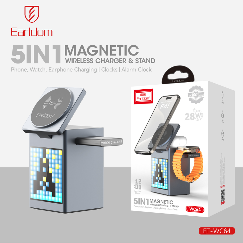 Cargue la imagen en el visor de la galería, [WC14][Built-In LCD] 5 in 1 Earldom Aluminum Stand Alarm Clock QI 15W MagSafe Wireless Charging Magnet Stand - Polar Tech Australia
