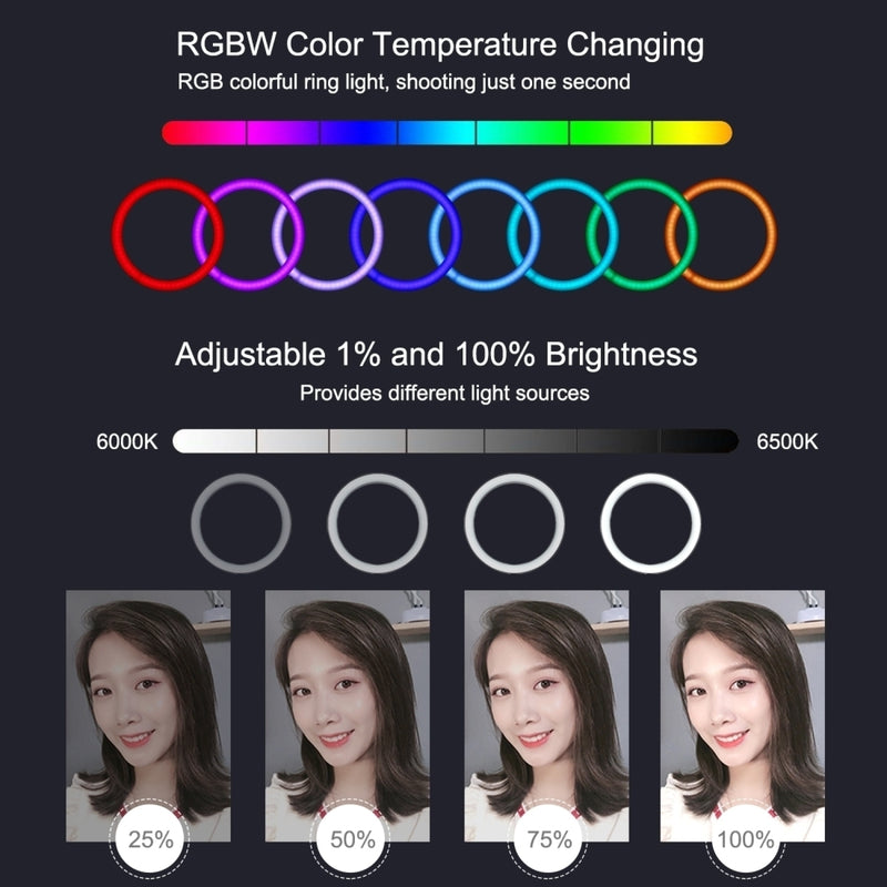 Load image into Gallery viewer, RGBW Ring Light with Remote Control + 1.1m Tripod Stand Live Streaming Kit
