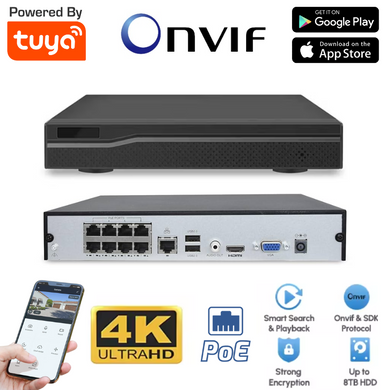 [TY-POE-8CH-8MP] TUYA 8 Channel NVR with 8 PoE Ports 1 HDD Max Support 8MP 4K Camera